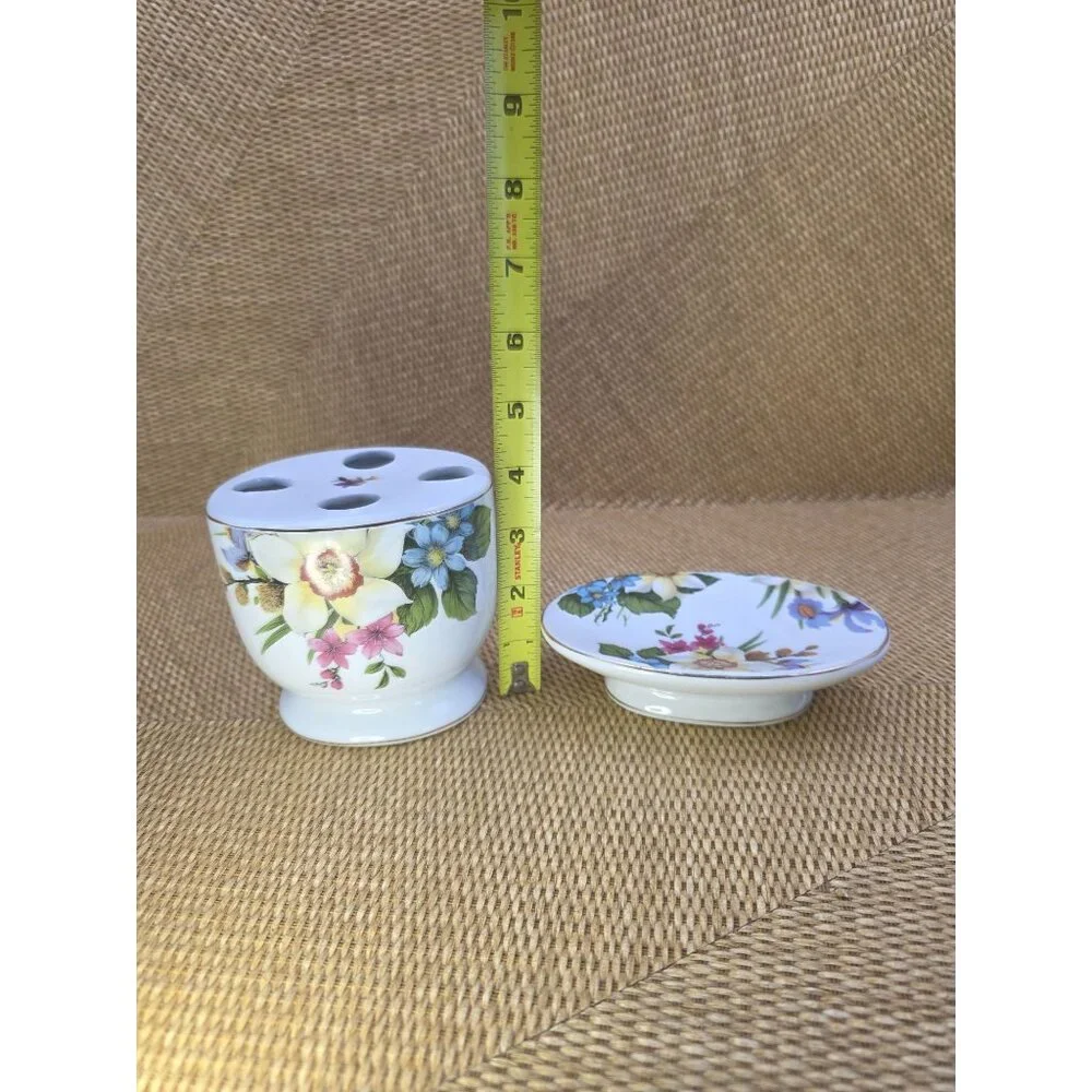 Baum Bros Porcelain Toothbrush Holder & Soap Dish‎ Floral Design Bathroom Decor